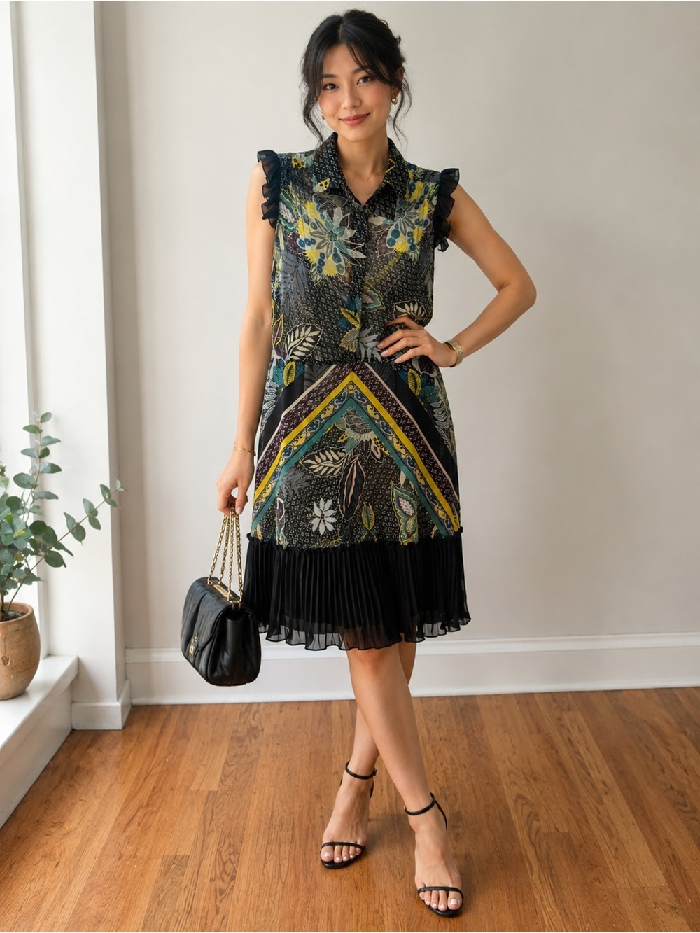 Isola Marras Printed Pleated Hem Dress – Size 40 (S)